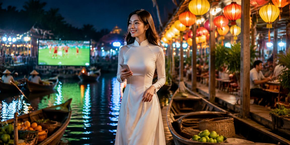 Người phụ nữ áo dài ngồi xem thông tin khuyến mãi cá cược trực tuyến tại vùng sông Mekong