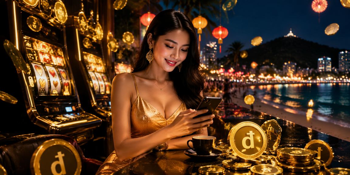 Người chơi slot game tại Vũng Tàu bên ly cà phê buổi tối